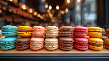 Tipici dolci francesi, macarons colorati disposti nella vetrina di una pasticceria 