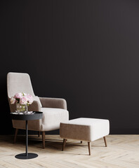 Dark living room interior mockup with empty black wall, pink armchair and flowers.  3d render