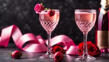 Two glasses of wine with strawberries and rose petals