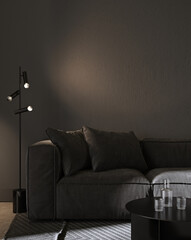 Dark living room interior with gray sofa mock up, luxury modern living room interior background, black wall, scandinavian style, 3d rendering
