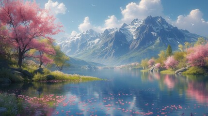 Obraz górskiego jeziora z różowymi kwiatami
