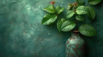 Zielona waza z rośliną na tle tekstury chropowatej nieoszlifowanej ściany koloru mięty
