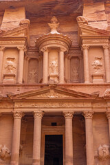Vertical front view of the Treasury, one of the most elaborate temples in Petra archaeological site in Jordan.