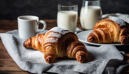 A plate of croissants and a glass of milk - Powered by Adobe