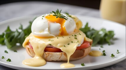 Close-up of a poached egg on a sandwich with hollandaise sauce on a white plate