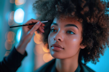 Obraz premium Beautician making make-up for afro woman in beauty salon cosmetic