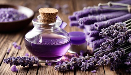 Purple flowers and lavender oil in a bottle