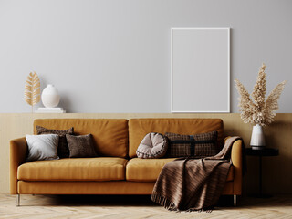 Frame mockup in bright living room design with brown sofa, white frame in Scandinavian interior, 3d rendering