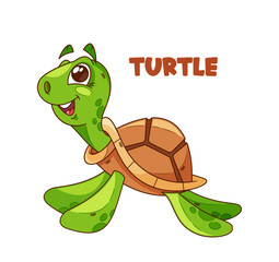 Friendly Cartoon Turtle Character With Big, Expressive Eyes, A Bright Shell Adorned With Colorful Patterns, Green Skin