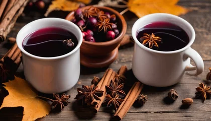 Fotobehang Two cups of wine with cinnamon sticks and grapes © vivekFx