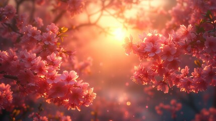 Słońce promienieje przez gałęzie kwitnącego drzewa