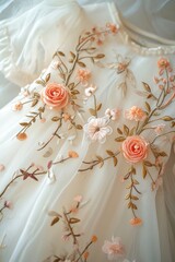 A close-up details of a white baby dress with exquisite floral embroidery, displayed in a natural setting with soft lighting