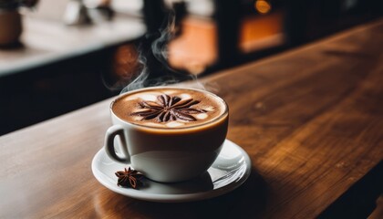 A cup of coffee with a sprig of rosemary on top