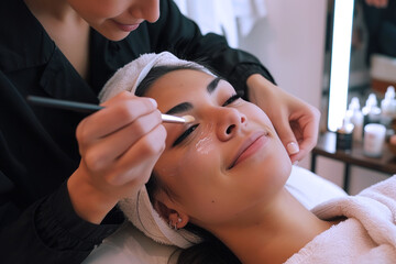 Beautician making make-up for hispanic woman in beauty salon cosmetic