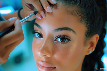 Beautician making make-up for hispanic woman in beauty salon cosmetic