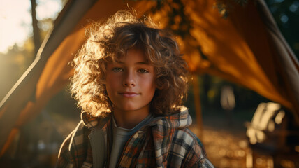 A blond boy against the background of a tent.