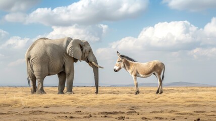 Fototapeta premium Majestic Elephant and Donkey Standing on African Plains