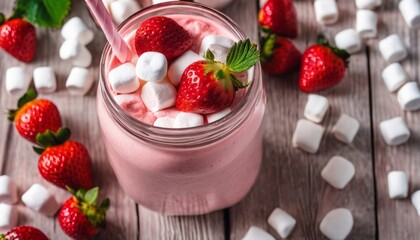 A glass of strawberry milkshake with marshmallows and strawberries