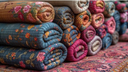 Stos kolorowych wiosennych dywanów ułożonych na stosie