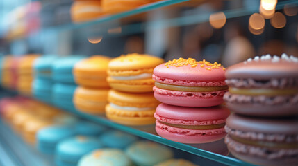 Tipici dolci francesi, macarons colorati disposti nella vetrina di una pasticceria  - obrazy, fototapety, plakaty