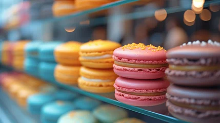 Tuinposter Macarons Tipici dolci francesi, macarons colorati disposti nella vetrina di una pasticceria 