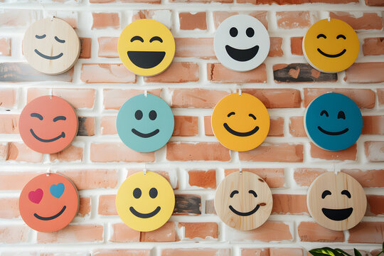 Happy yellow smile emoji  painted on gray wall. Abstract background