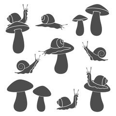 Set of black and white illustrations with snails and mushrooms. Isolated vector objects on white background. - 733246382