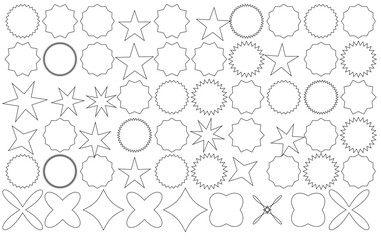 Starburst thin line sticker vector icon, outline star round border, circle sale badge set, price tag. Simple illustration isolated on white background
