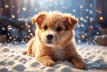 cute puppy in soap foam and bubbles. bathing and hygiene of animals