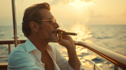 A man in sunglasses smokes a cigar on a yacht