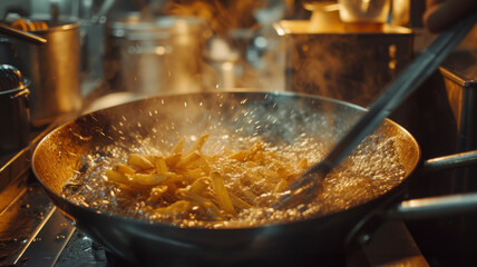 The process of frying potatoes in boiling oil.
