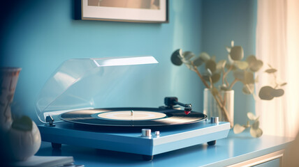 Blue record player in a blue interior.