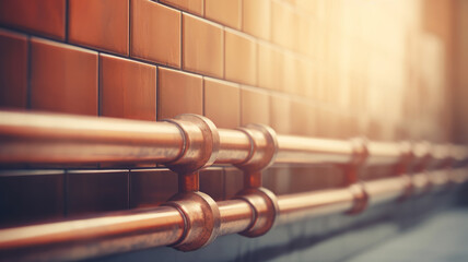 Copper pipes along a brick wall.