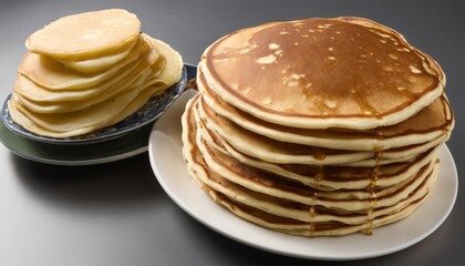 A stack of pancakes on a plate next to a stack of pancakes on a plate