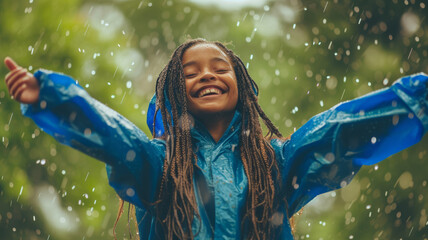 Joyful moments of life. The girl enjoys the freshness of the rain.