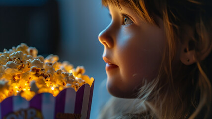 Close-up of a girl's face watching a movie.