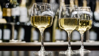 Two wine glasses filled with white wine