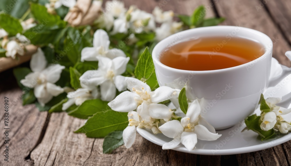 Canvas Prints A white cup of tea with flowers on a wooden table