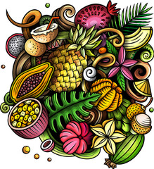 Exotic Fruits cartoon doodles illustration