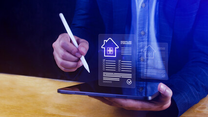 Real estate concept business, home insurance and real estate protection, Buy and sell houses and real estate online on virtual screen, home search, land price, property tax.
