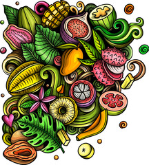 Naklejka premium Exotic Fruits cartoon doodles illustration
