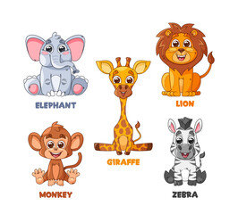 Cartoon African Animals Characters Isolated Vector Set. Giraffe, Lion And Elephant, Monkey, Or Zebra Funny Personages