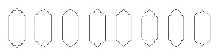 Islamic vector shape of a window or door arch. Arab frame set. Ramadan kareem silhouette icon. Mosque gate. Islamic arabesque pattern. Arabian muslim shape archFrame set. Vintage frames 19 - obrazy, fototapety, plakaty