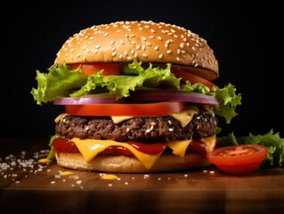 Big tasty cheeseburger on wooden table, isolated on black background