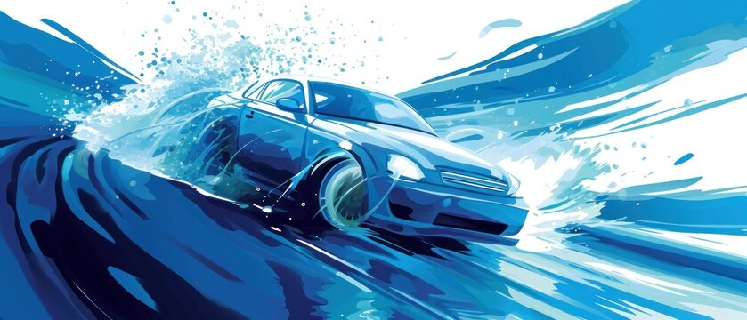 Dynamic blue car splashing through water, illustrated