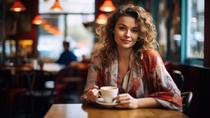 A woman sitting calmly at a table, holding a cup of steaming coffee and enjoying a moment of relaxation.