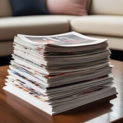 A stack of magazines on a coffee table in a modern living room