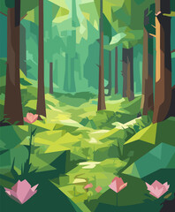spring flat vector art illustration, retro vintage landscape poster, painting of a river running through a forest, conceptual art, background art, environment design illustration, random forest 