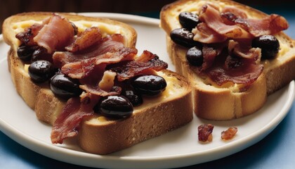 Two slices of toast with bacon and olives