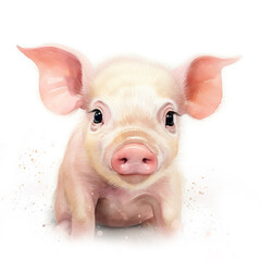 Cute piglet digital watercolour against white background. Front view of a whimsical farm animal. - 733250508